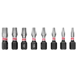 The image shows the SHOCKWAVE™ 1" TORX® Security Insert Bit Set - 10PC, featuring eight TORX bits with red and black markings, arranged in a row. Each bit is labeled with its size, including T40, T27, T25, T20, and T10.