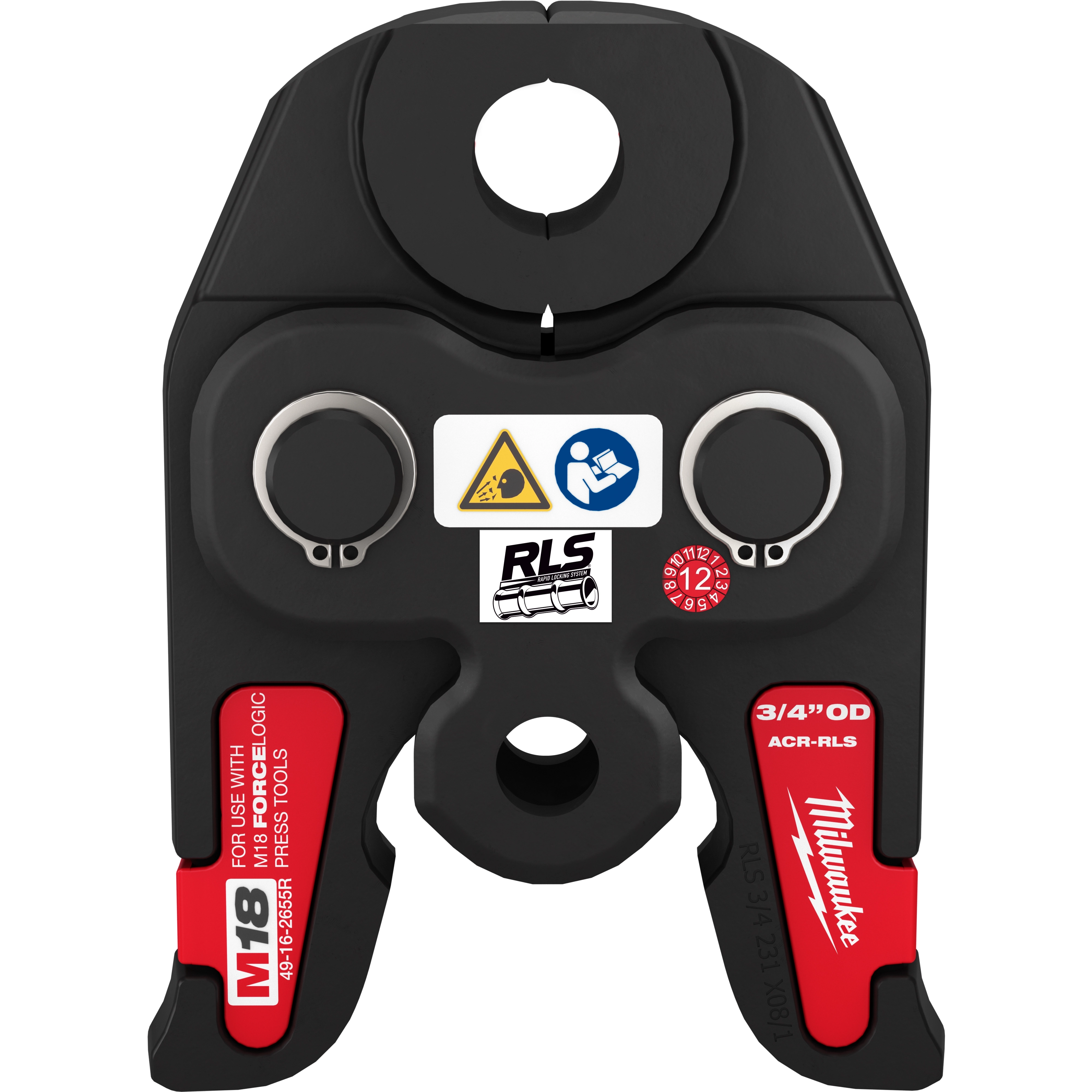 RLS ACR Press Jaws for M18 FORCE LOGIC Press Tools are black and red with metal fittings and labels indicating compatibility with M18 FORCE LOGIC tools and 3/4" OD pipes.