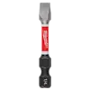 This image shows a Milwaukee 1/4 inch flat screwdriver bit. It has a red section with the Milwaukee logo and black hexagonal ends for secure gripping in drill chucks or bit holders. The tip is flat and wide for slotted screw heads.