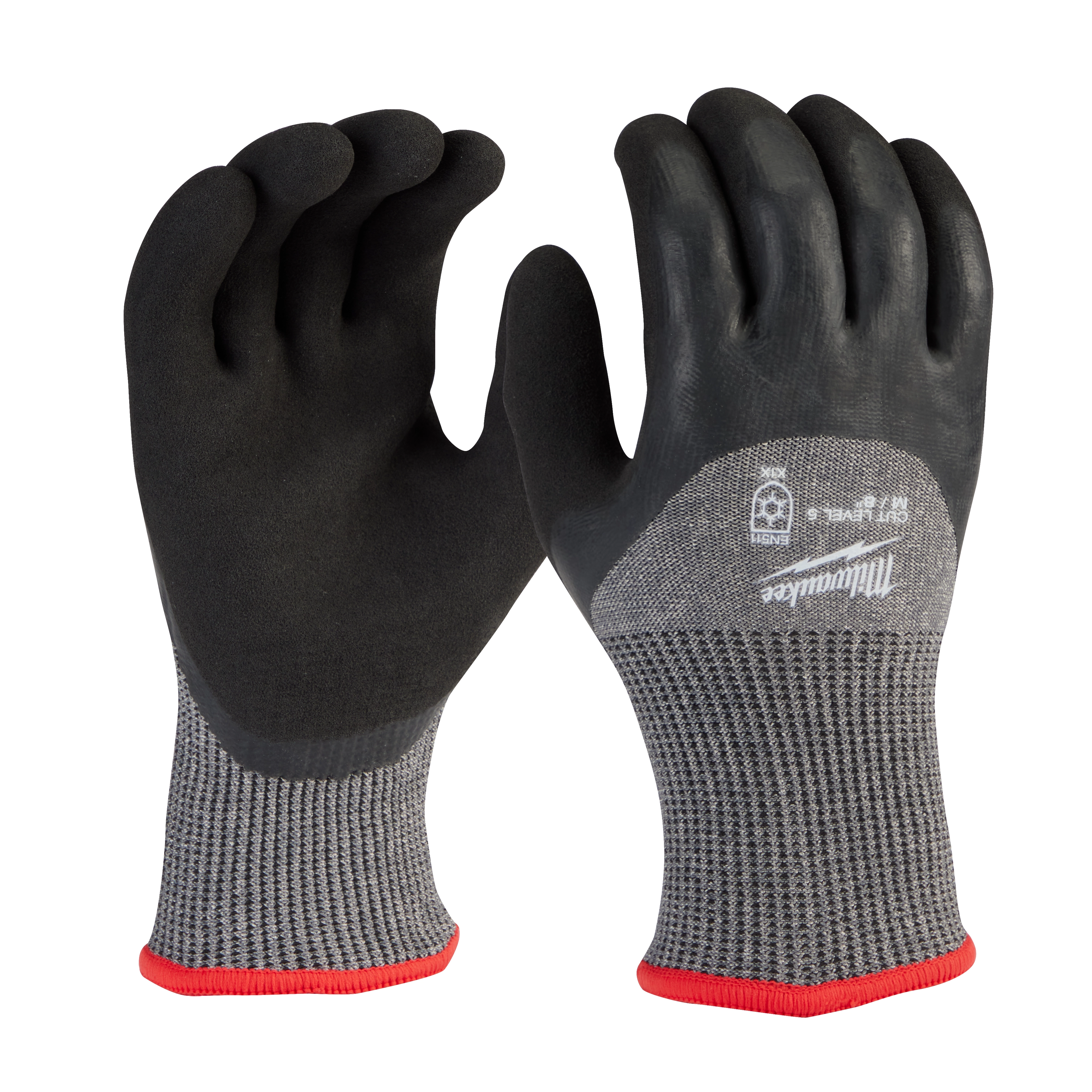Cut Level 5 Winter Dipped Gloves - M with black, rubberized palms and fingers, grey knit fabric, and red trim at the wrists.