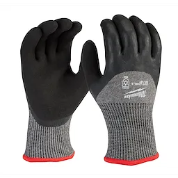Cut Level 5 Winter Dipped Gloves - M with black, rubberized palms and fingers, grey knit fabric, and red trim at the wrists.