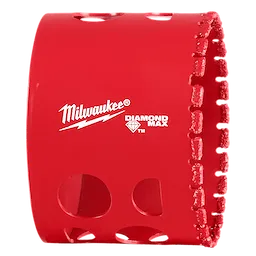 Milwaukee 2-3/8" Diamond Max Hole Saw, red with side vents and serrated cutting edge, and white logo text on the side.