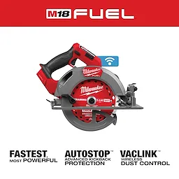 Milwaukee M18 FUEL™ 7-1/4" Circular Saw w/ ONE-KEY™ in red and gray. Features include AUTOSTOP™ and VACLINK™ for powerful performance, advanced kickback protection, and wireless dust control.