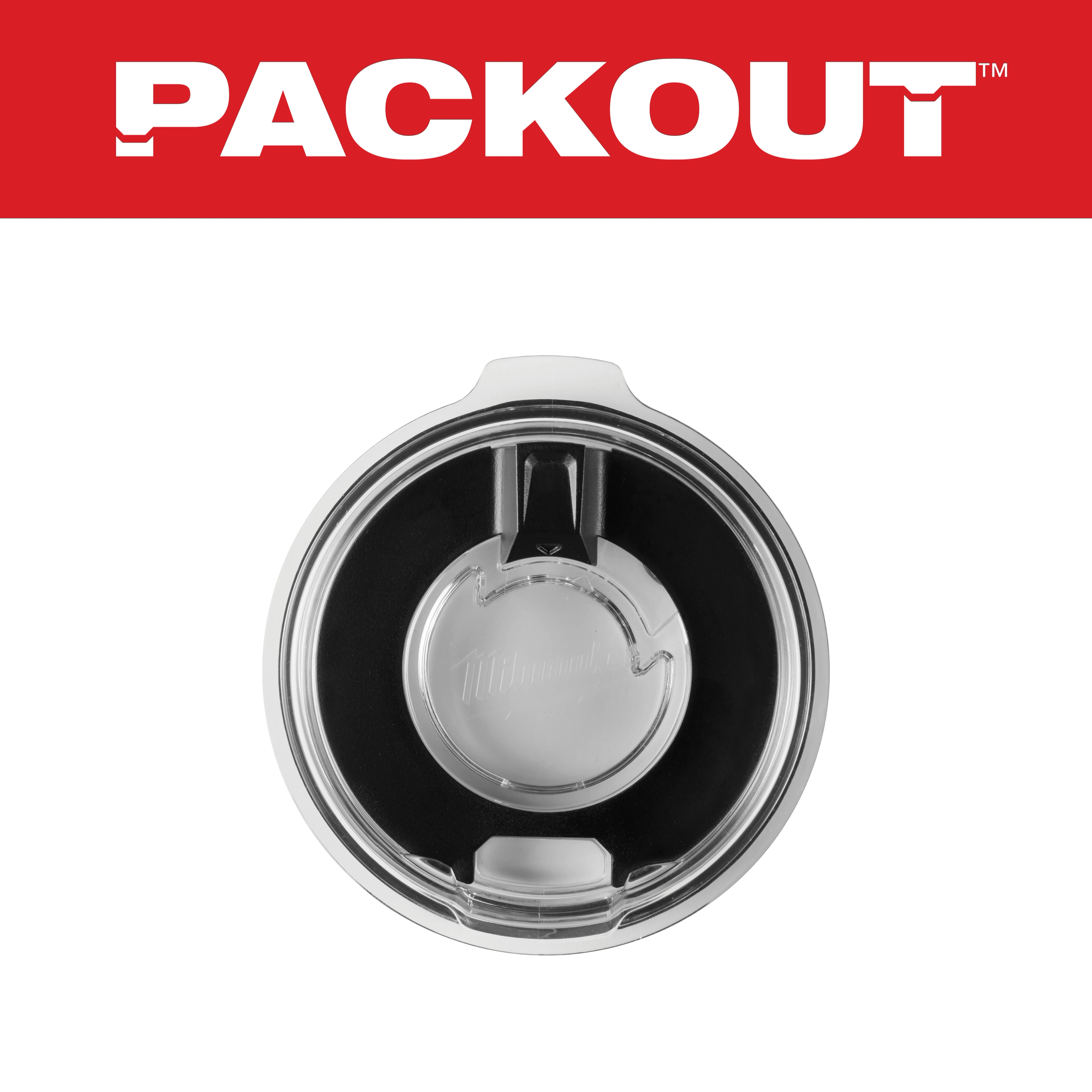 Primary Image of a round, silver-colored lid from the top view, featuring a black gasket and transparent section with the Milwaukee logo.