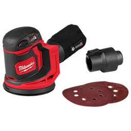 Milwaukee cordless random orbit sander with red and black color scheme. The sander includes a dust bag, an attachment, and three circular sanding pads. The Milwaukee logo is visible prominently on the side of the tool.