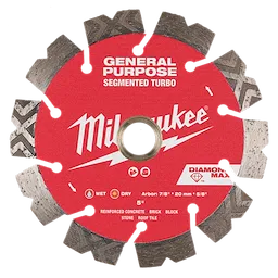 Image of a 5" DIAMOND MAX™ Segmented Turbo, General Purpose Diamond Blade. The blade has a red center with "Milwaukee" branding and is designed for cutting reinforced concrete, brick, block, stone, and roof tile. The labeling indicates it can be used wet or dry.