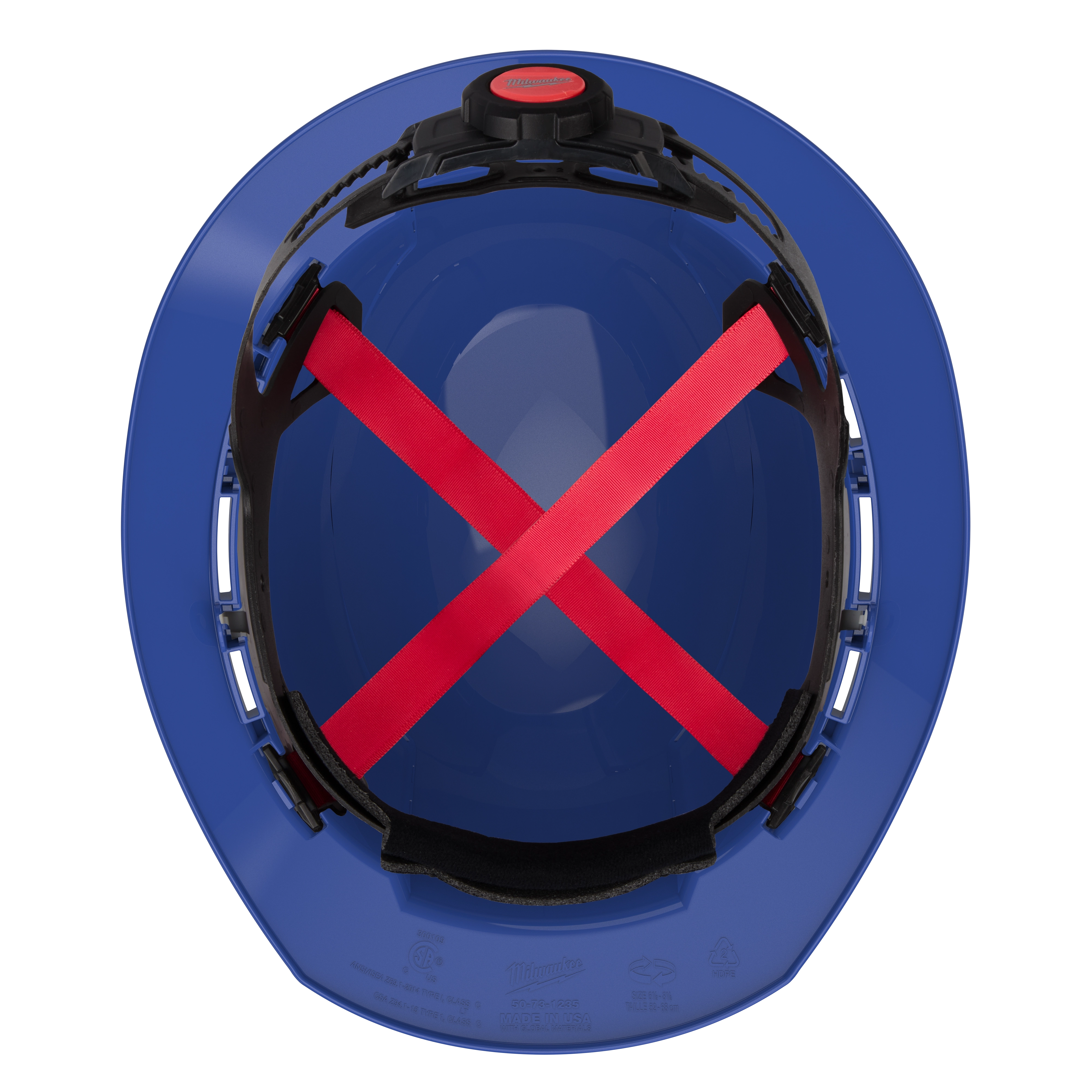Top view of BOLT Blue Full Brim Vented Hard Hat w/4pt Ratcheting Suspension (USA) - Type 1, Class C