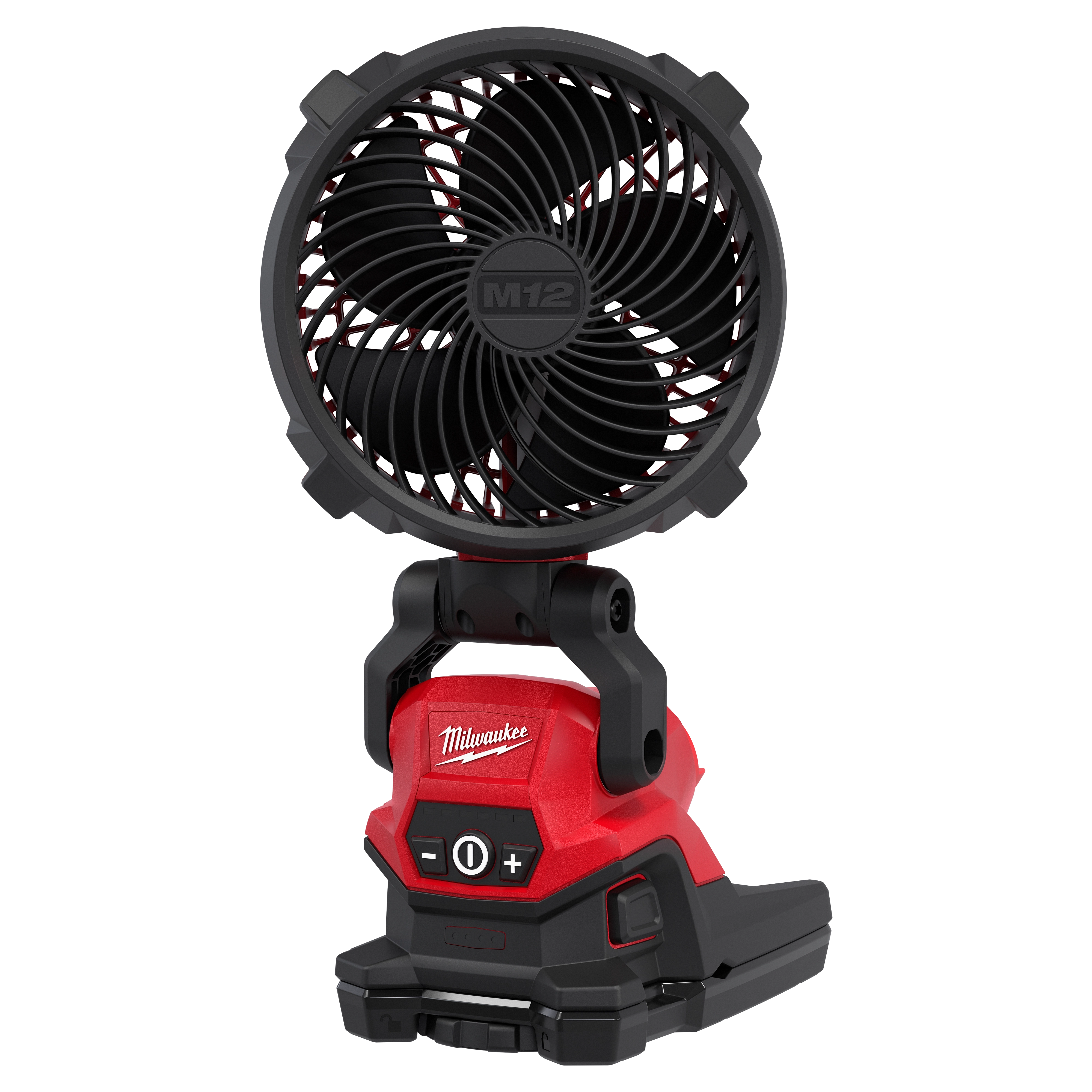 M12 BRUSHLESS MOUNTING FAN standing upright with a circular grille and adjustable base.