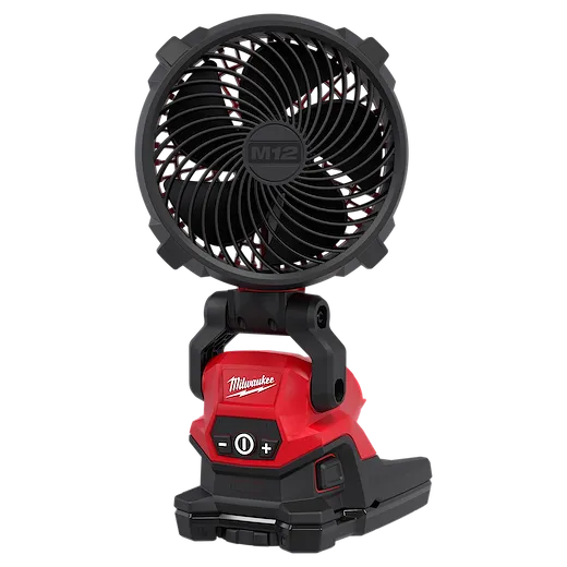 M12 BRUSHLESS MOUNTING FAN standing upright with a circular grille and adjustable base.