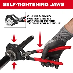 Pliers Wrench features self-tightening jaws and clamps onto fasteners by applying force to the top handle. A hand grips the wrench.