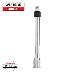 The image shows a 3/8-inch drive locking extension bar with a lifetime guarantee label below. The bar is silver with a black knurled locking ring at the top and a textured grip near the bottom. It is designed for socket wrenches.