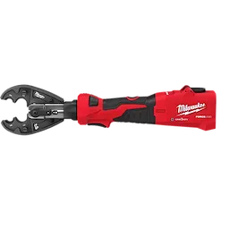 The M18™ FORCE LOGIC™ 6T Linear Utility Crimper with BG-D3 and Cutting Jaws is a red and black handheld tool with a circular crimping head designed for electrical utility work. It features ergonomic grips and branding on the side.