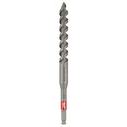 The 15/16"x12" Shockwave Lineman's Fiberglass Drill Bit is a metal drill bit with a spiral design for drilling through fiberglass. The gray bit has a cylindrical shank and features a red band with the manufacturer's logo. The text on the bit reads "Fiberglass" and "15/16".