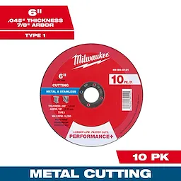 6'' x .045'' x 7/8'' Performance+ Metal Cut Off Wheel - Type 1 for metal and stainless cutting. Pack of 10. Red and black.