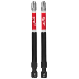 The image shows two SHOCKWAVE™ 3-1/2" Impact Duty PH3 Bits (2 PK) from Milwaukee. Each bit has a red and white label with the Milwaukee logo and a sturdy black shaft, ending with the PH3 marking indicating the bit type.