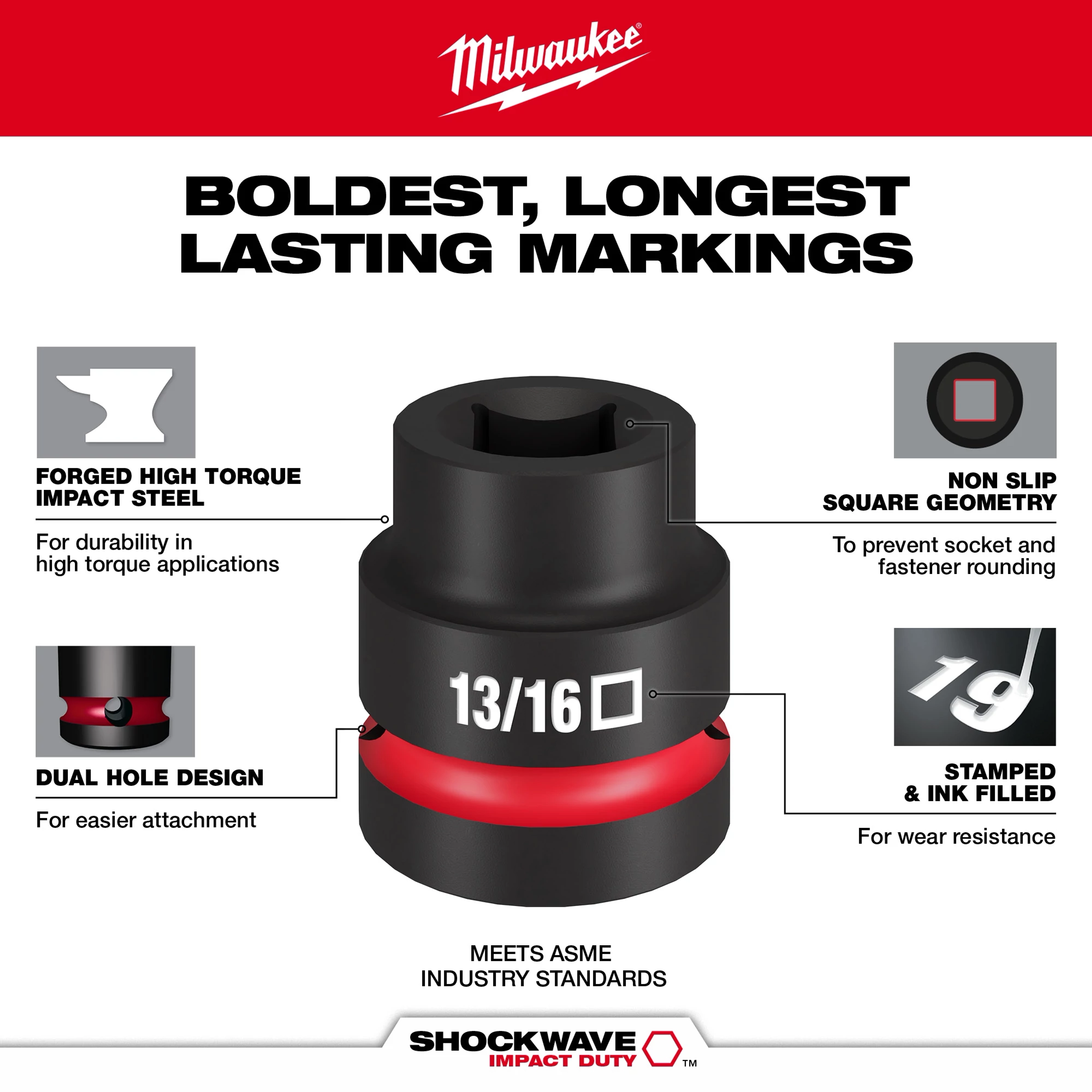 SHOCKWAVE Impact Duty 1” Drive 13/16" Standard 4 Point Square Socket. Features durability, bold markings, non-slip design, and dual hole.
