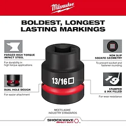 SHOCKWAVE Impact Duty 1” Drive 13/16" Standard 4 Point Square Socket. Features durability, bold markings, non-slip design, and dual hole.