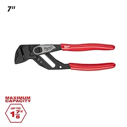 7" Pliers Wrench with red handles, black adjustable jaws, labeled with maximum capacity of up to 1 7/8 inches.
