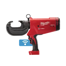 The image shows the M18™ FORCE LOGIC™ 750 MCM Crimper with #6 - 750 MCM Al Dies. This red and black hand tool features a pistol grip design and is used for crimping electrical connectors. The tool includes One-Key™ technology for wireless connectivity.