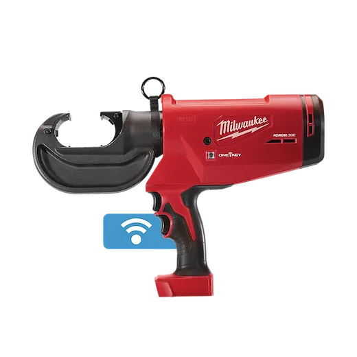 The image shows the M18™ FORCE LOGIC™ 750 MCM Crimper with #6 - 750 MCM Al Dies. This red and black hand tool features a pistol grip design and is used for crimping electrical connectors. The tool includes One-Key™ technology for wireless connectivity.