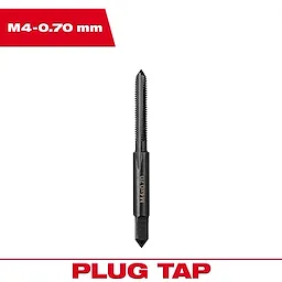 M4-0.70%20mm%20Straight%20Flute%20Plug%20Tap, black metal tool with straight flutes, used for threading holes.