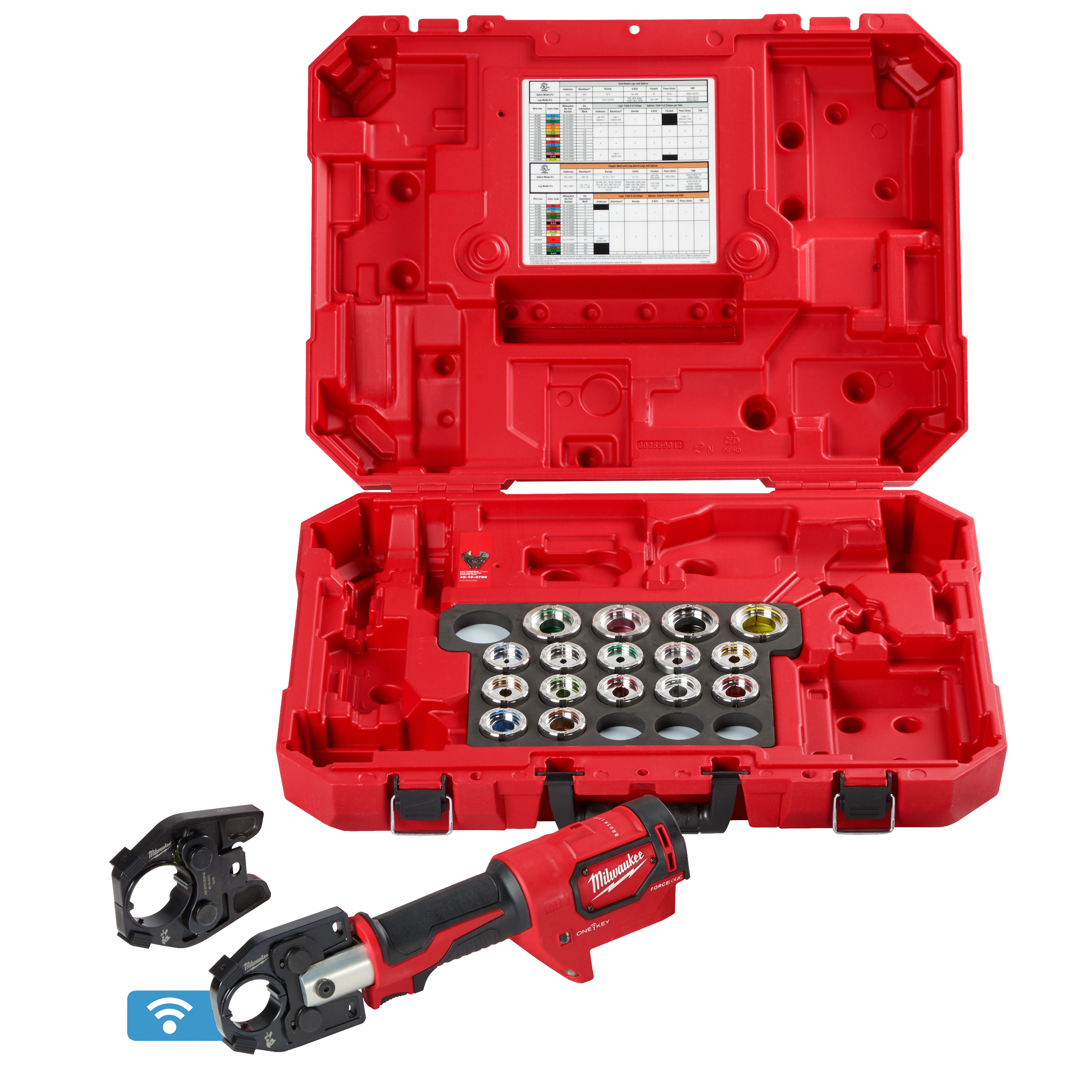The M18™ FORCE LOGIC™ 600 MCM Crimper w/ #8 - 750 MCM Al Dies is presented in a red case with slots for various dies, accompanied by the crimper tool and connectors. The case interior includes a chart for reference, and the crimper tool is black and red.