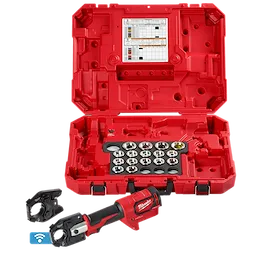The M18™ FORCE LOGIC™ 600 MCM Crimper w/ #8 - 750 MCM Al Dies is presented in a red case with slots for various dies, accompanied by the crimper tool and connectors. The case interior includes a chart for reference, and the crimper tool is black and red.