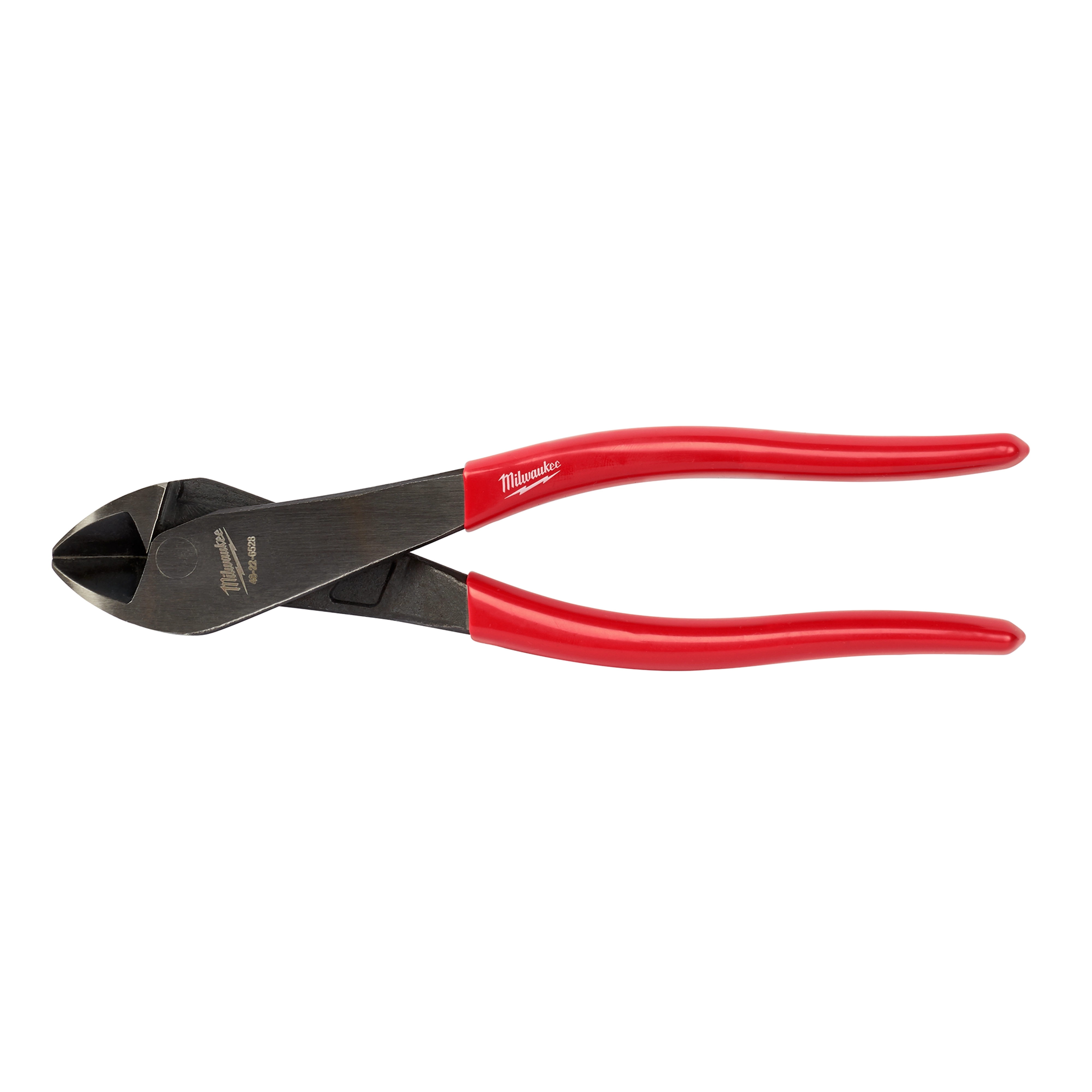 8" Angled Head Diagonal Cutting Pliers with red handles and a black metal angled head for cutting wire.