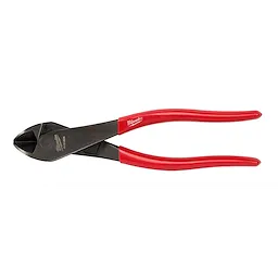 8" Angled Head Diagonal Cutting Pliers with red handles and a black metal angled head for cutting wire.