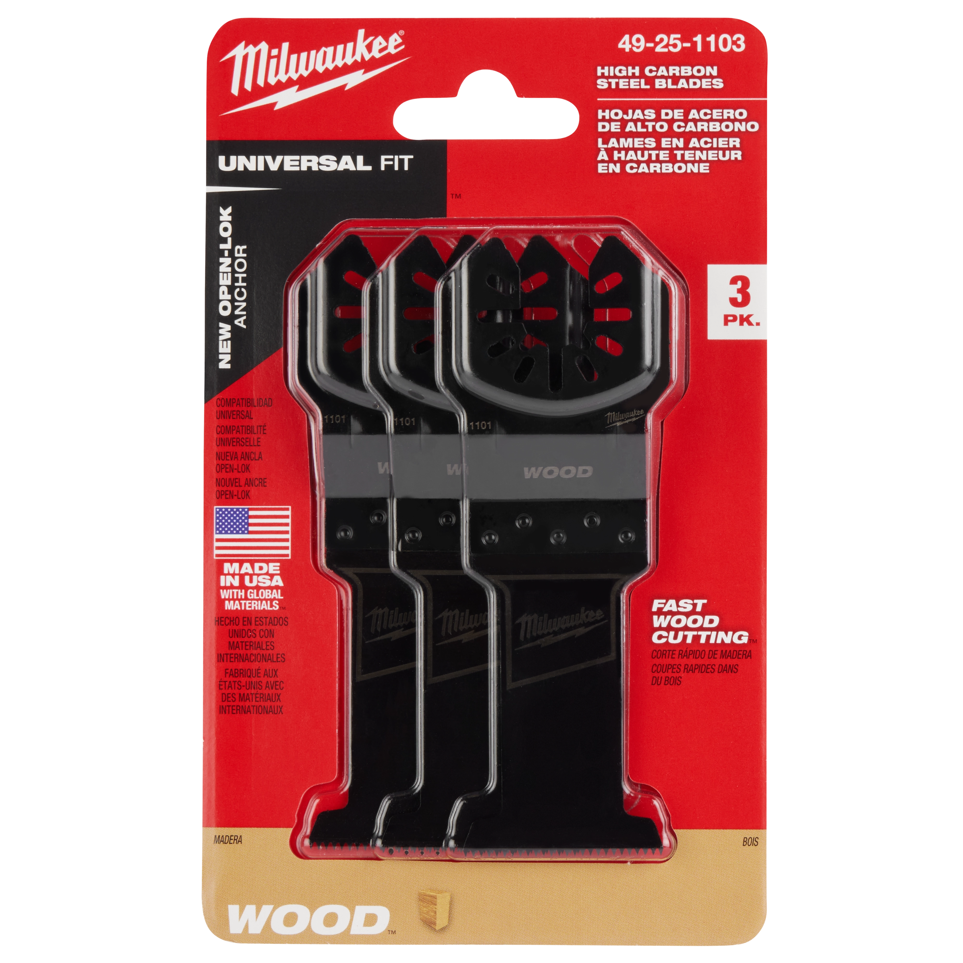 Milwaukee Open-Lok 1-3/8" HCS Wood Multi-Tool Blade 3PK in a red and black packaging labeled "Universal Fit" and "Fast Wood Cutting."