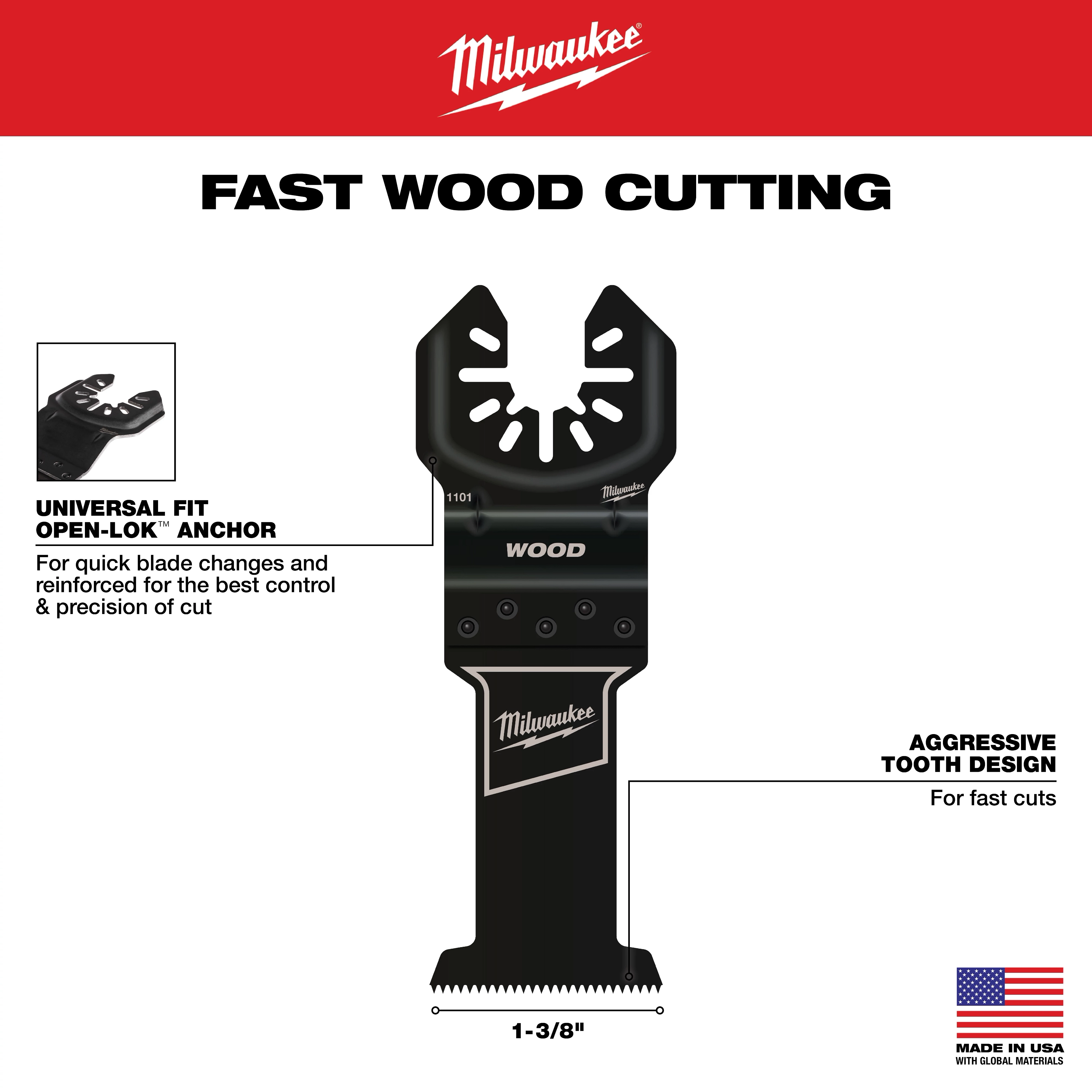 MILWAUKEE OPEN-LOK 1-3/8" HCS Wood Multi-Tool Blade with universal fit and aggressive tooth design for fast wood cutting. Made in the USA.