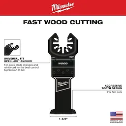 MILWAUKEE OPEN-LOK 1-3/8" HCS Wood Multi-Tool Blade with universal fit and aggressive tooth design for fast wood cutting. Made in the USA.