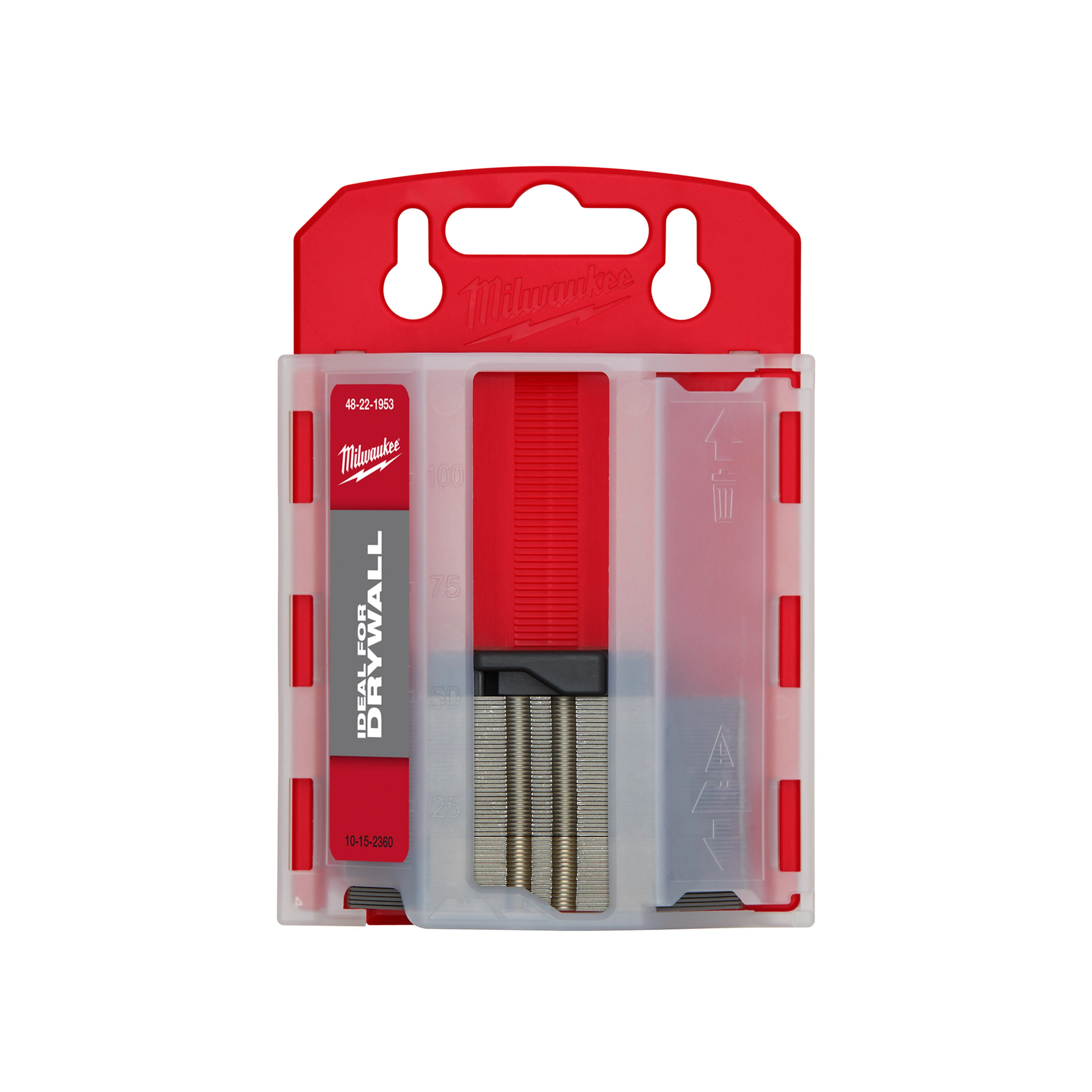 Drywall Utility Blades, 50 pack in a transparent plastic case with a red handle, labeled "Ideal for Drywall."