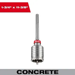 1-3/4" x 11-3/8" One Piece SDS Max Core Bit shown with a metallic finish, designed for concrete drilling.