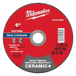 6"x .045" x 7/8" Ceramic+ Metal Cut Off Wheel - Type 1, red disc designed for cutting metal and stainless, with product details.