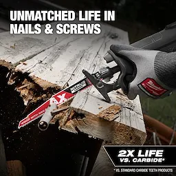 5 TPI AX w/NITRUS Carbide Teeth SAWZALL Blade cutting through wood with nails. Text: "Unmatched life in nails & screws. 2X life vs. carbide."