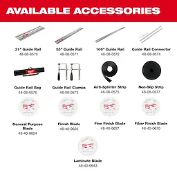 Accessories for the M18 FUEL 6-1/2” Plunge Track Saw, including guide rails, connector, guide rail bag, non-slip strip, general purpose blade, and finish blade.