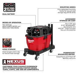 M18 FUEL NEXUS 9 Gallon Dual-Battery Wet/Dry Vacuum features a dual-battery system, brushless motor, and multiple modes of operation. Includes accessory storage with hooks, hose storage, and is compatible with various vacuum accessories. Customizable vacuum system with interchangeable components. Batteries required and included.