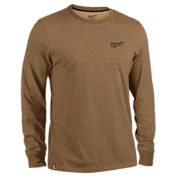 The FREEFLEX™ Hybrid Work Tee - Long Sleeve is a brown, long-sleeve shirt made by Milwaukee. It has a small Milwaukee logo on the left chest and is designed for hybrid work environments, featuring comfortable and durable fabric.