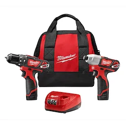 M12 2-Tool Combo Kit includes a red and black cordless drill, impact driver, battery charger, and a matching carrying bag.