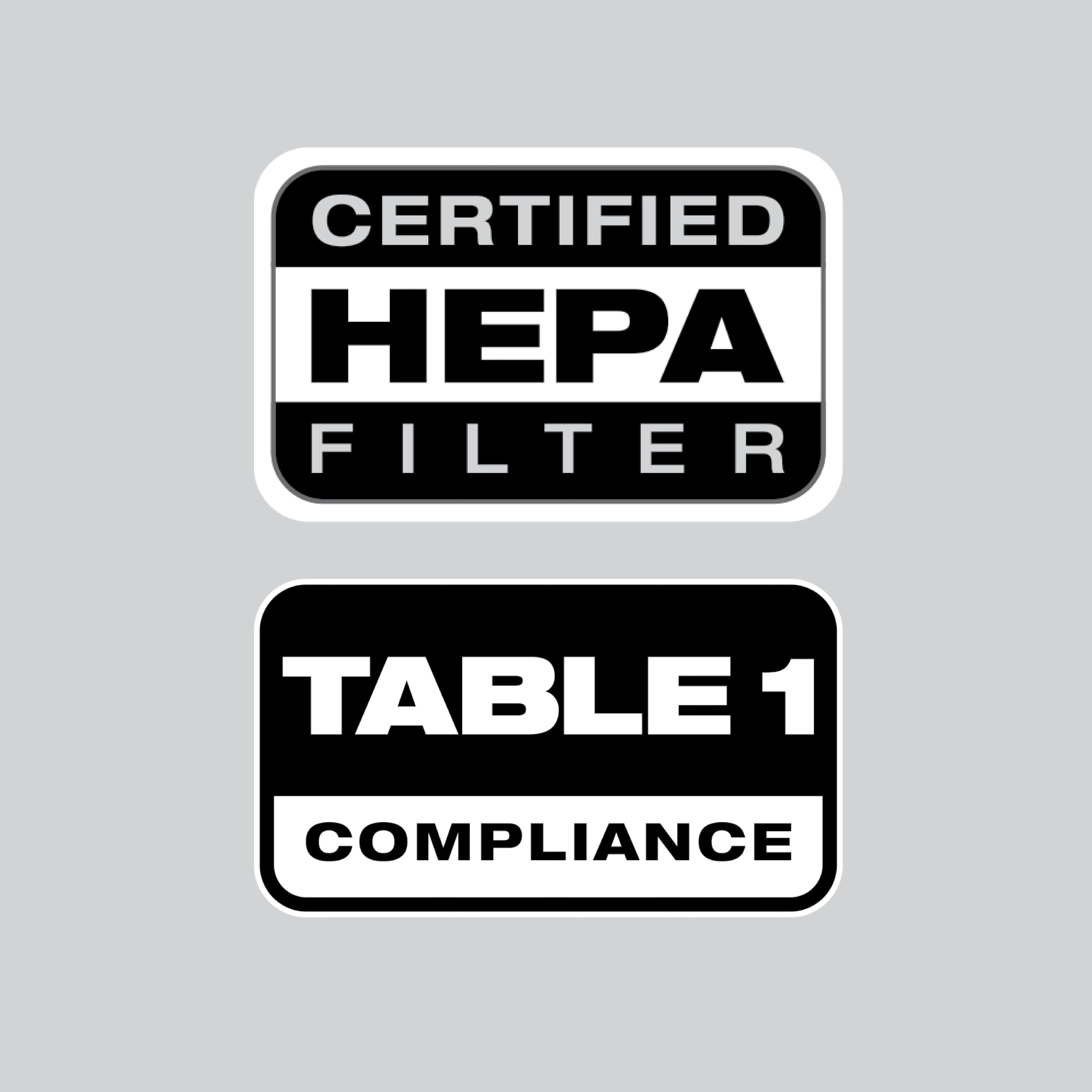 Image of two logos: "CERTIFIED HEPA FILTER," and "TABLE 1 COMPLIANCE"