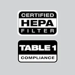 Image of two logos: "CERTIFIED HEPA FILTER," and "TABLE 1 COMPLIANCE"