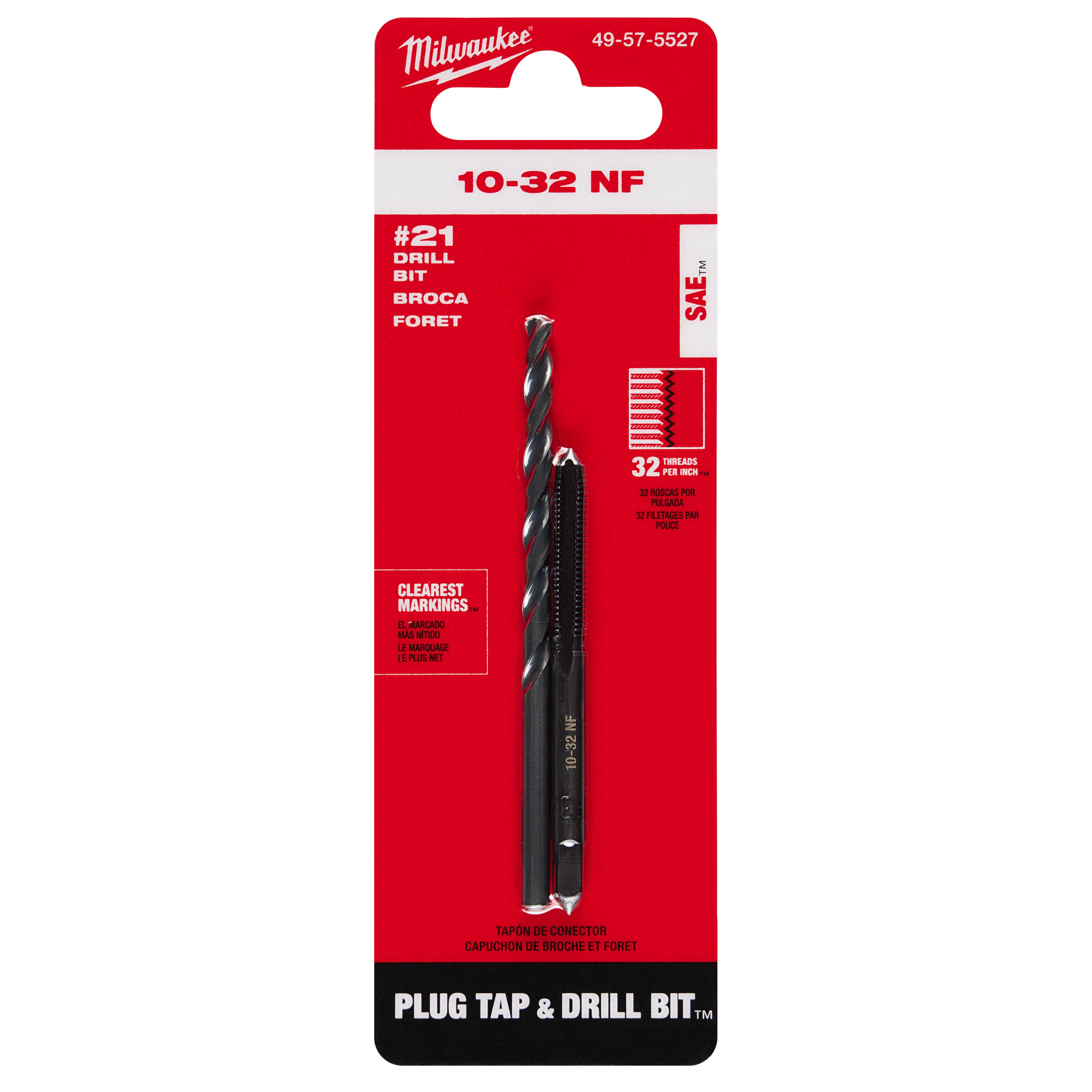 10-32 Straight Flute Plug Tap & #21 Drill Bit in a red package, includes one drill bit and one plug tap tool with clear labels.