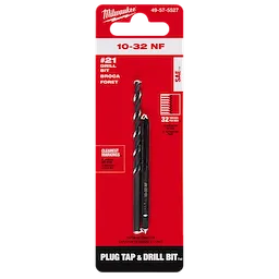 10-32 Straight Flute Plug Tap & #21 Drill Bit in a red package, includes one drill bit and one plug tap tool with clear labels.