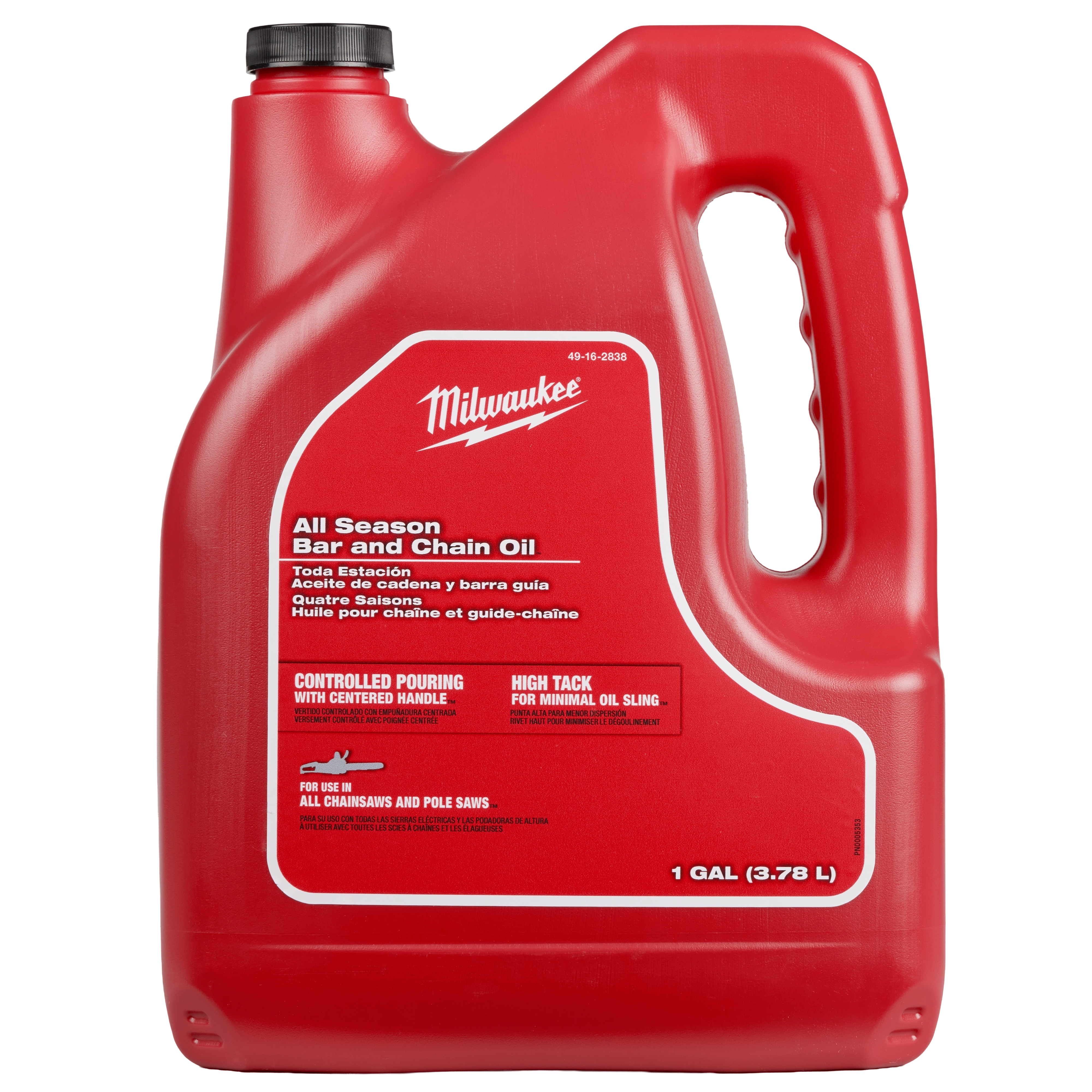 Milwaukee All Season Bar and Chain Oil in a red 1-gallon container. The label highlights its controlled pouring and high tack for minimal oil sling. Suitable for all chainsaws and pole saws.