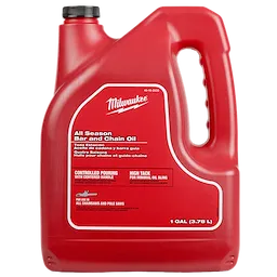 Milwaukee All Season Bar and Chain Oil in a red 1-gallon container. The label highlights its controlled pouring and high tack for minimal oil sling. Suitable for all chainsaws and pole saws.