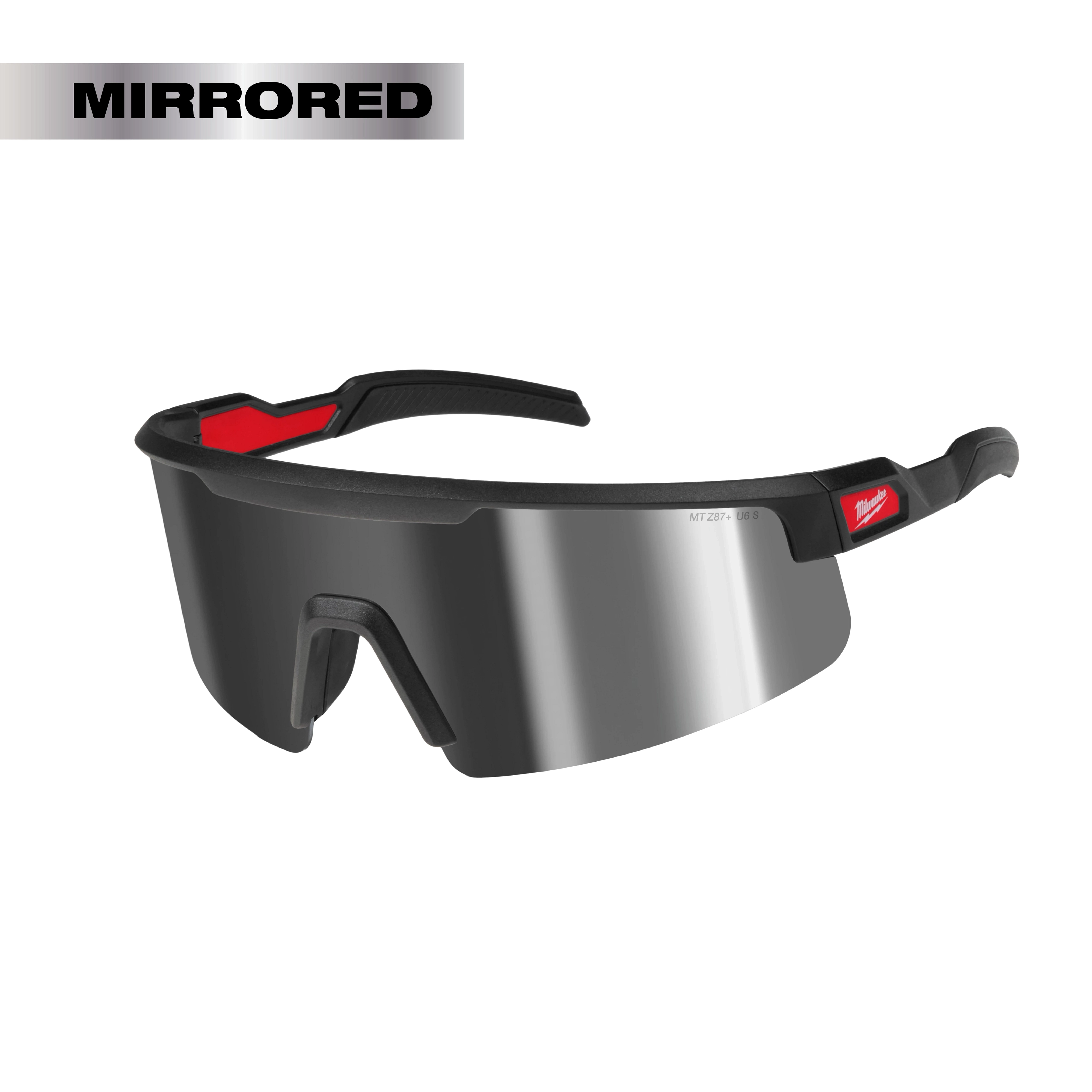 Wrap Around Safety Glasses with silver mirrored anti-scratch lenses, featuring a black frame with red accents and "Mirrored" text.