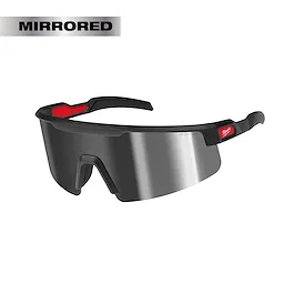 Wrap Around Safety Glasses with silver mirrored anti-scratch lenses, featuring a black frame with red accents and "Mirrored" text.