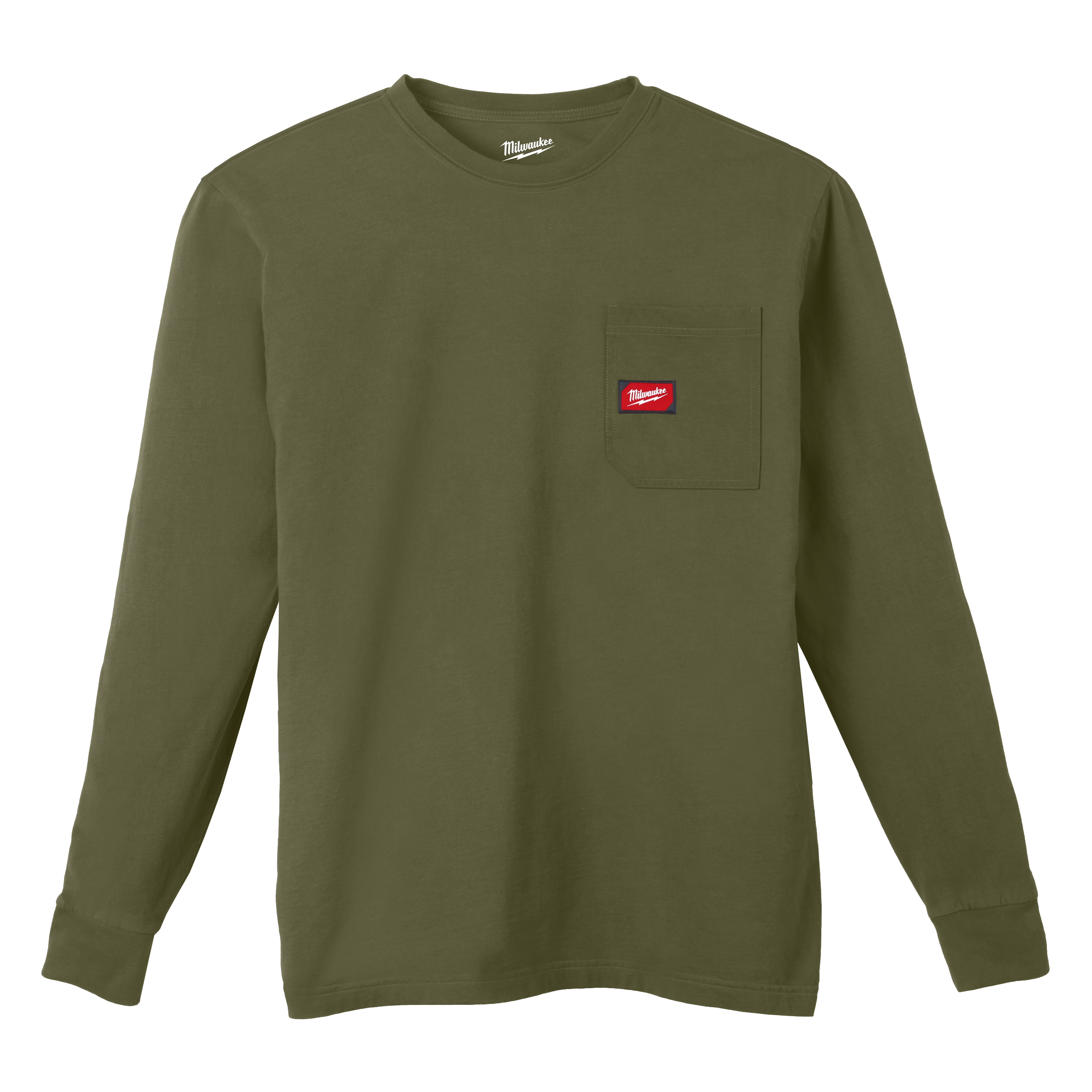 Heavy Duty Pocket T-Shirt - Green, long-sleeved with a chest pocket and red logo tag on the pocket.