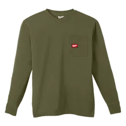 Heavy Duty Pocket T-Shirt - Green, long-sleeved with a chest pocket and red logo tag on the pocket.